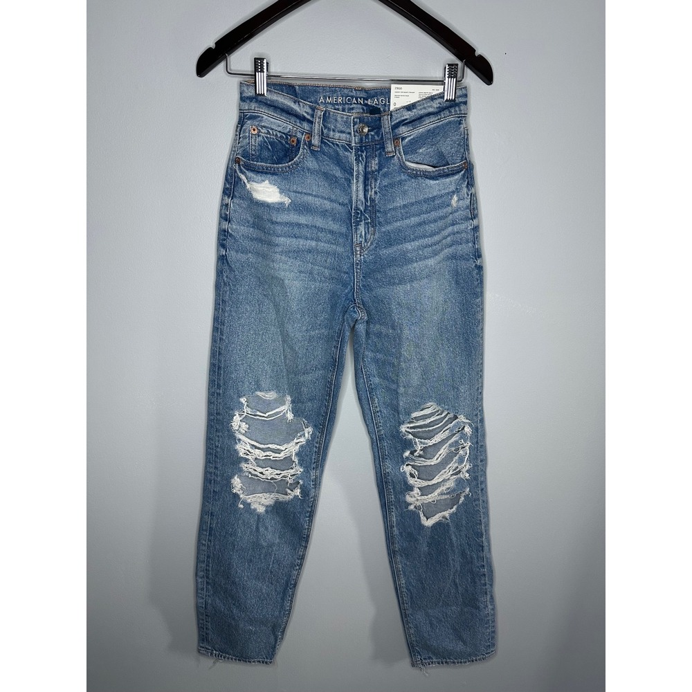 American Eagle‎ Highest Rise Baggy Straight Jeans Women 0 NWT Distressed Knee - Picture 2 of 9